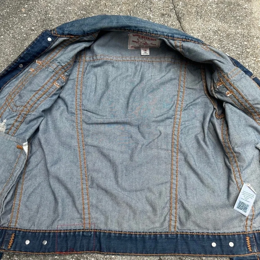 True Religion Jimmy Super T Distressed Denim Trucker Jacket Men's Size Lrg